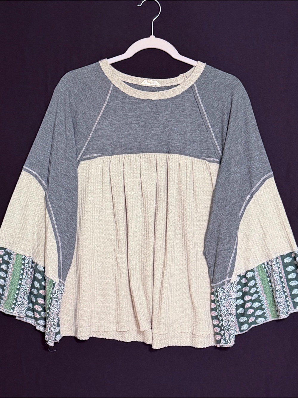 In Bloom Gray and Cream Boho Bell Sleeve Tunic with Green Trim oversized